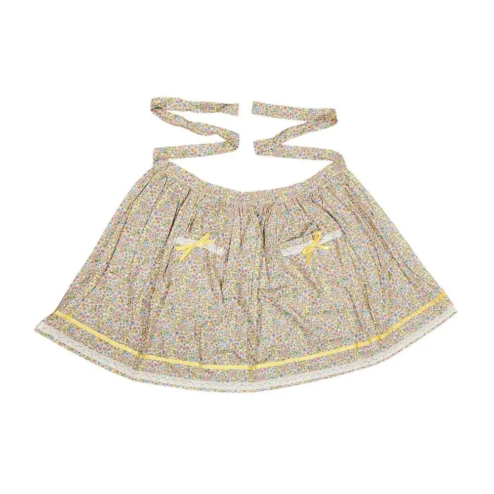 VINTAGE FLORAL WAIST APRON – HANDMADE – LACE TRIM – YELLOW RIBBON – CLEAN